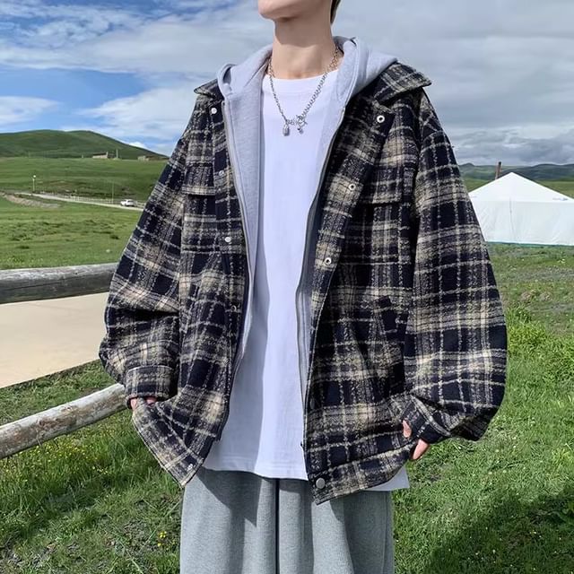 Savenne-Collared Mock Two-Piece Plaid Hooded Zip-Up Jacket