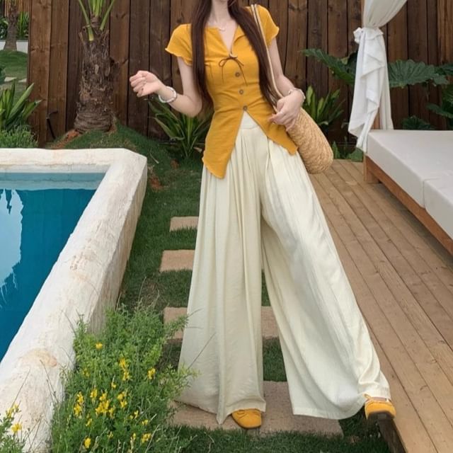 Trendycas-Short Sleeve Notch Neck Plain Button Slit Top High Rise Plain Wide Leg Pants