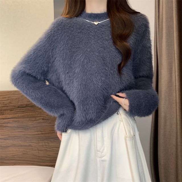 Magimomo-Mock Neck Plain Fluffy Sweater