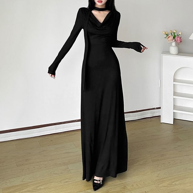 Sosana - Long Sleeve Cowl Neck Plain Maxi A-Line Dress | YesStyle