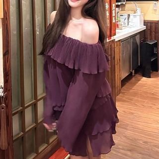 Moregirl - Off-The-Shoulder Long Sleeve Ruffle Trimmed Plain Mini Shift  Dress | YesStyle