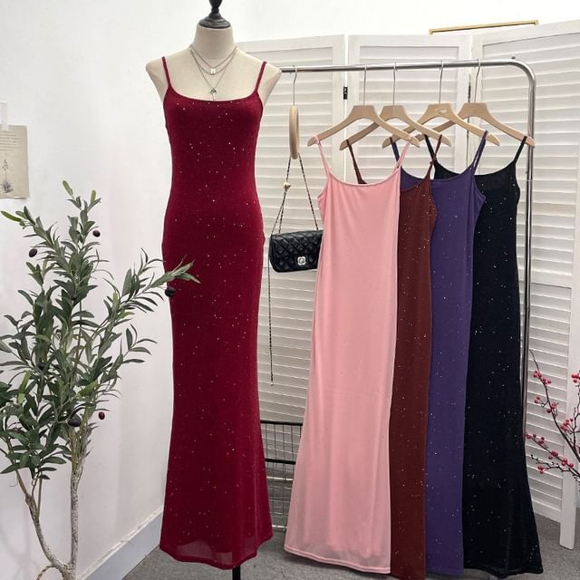 Allinya-Spaghetti Strap Plain Glitter Maxi Sheath Dress