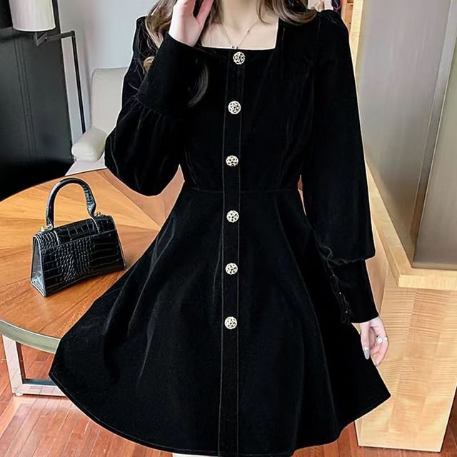 Everose - Long-Sleeve Square Neck Plain Velvet Button-Up Mini A-Line Dress  | YesStyle