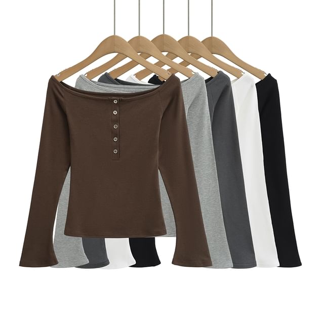 Ulark-Long Sleeve Off Shoulder Plain Button Top