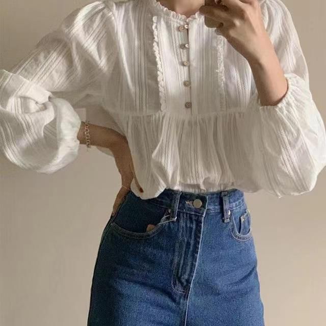 Everose-Long-Sleeve Round Neck Plain Lace Trim Half-Button Blouse