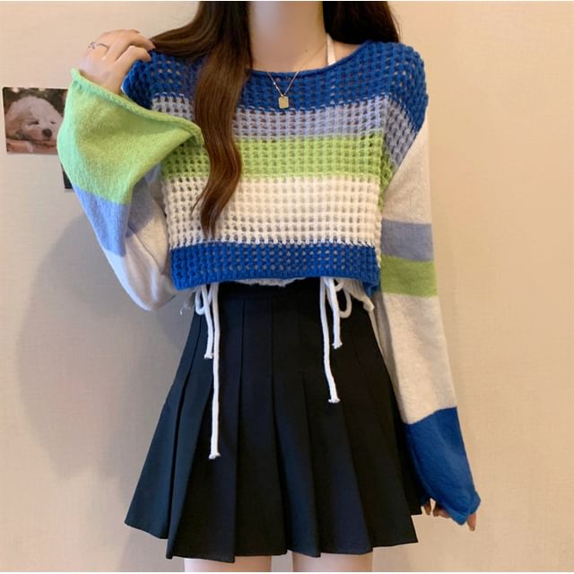 Sisyphi-Crew Neck Striped Crochet Crop Sweater