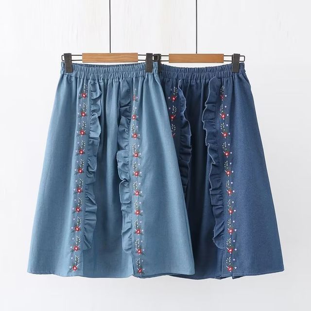 PANDAGO Elastic Waist Floral Embroidered Washed Ruffle Midi A