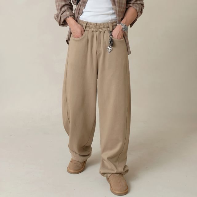 Okwano-Drawstring Waist Plain Wide Leg Sweatpants