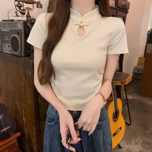 Sienne-Short-Sleeve Mandarin Collar Plain Cutout Frog Button Slim Fit T-Shirt