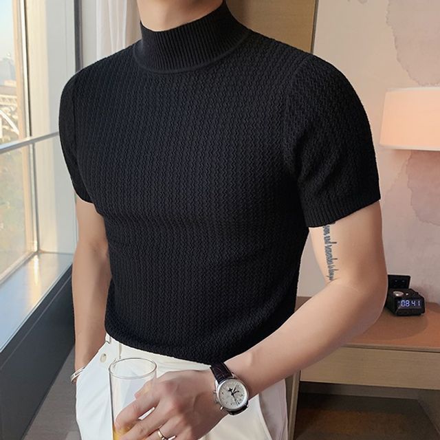 Nightbell-Short-Sleeve High Neck Plain Knit Top