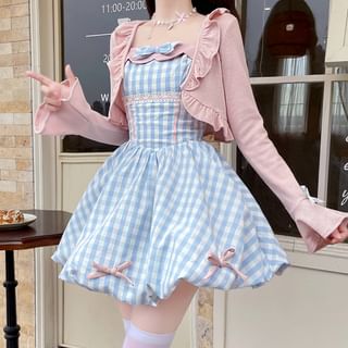 Cossita Flared-Sleeve Plain Ruffle Cropped Open Front Jacket / Spaghetti Strap Gingham Bow