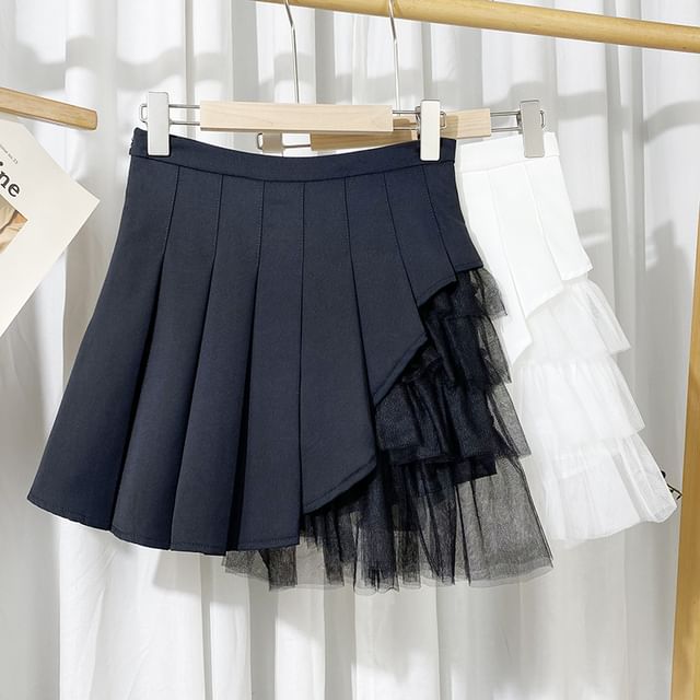 DIYI-High Rise Mesh Panel Mini Pleated Skirt