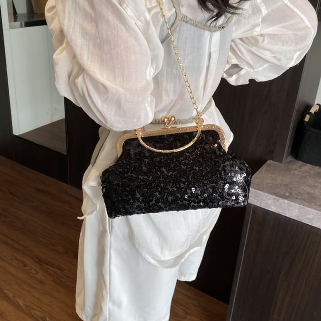NewTown-Chain Strap Sequin Kiss Lock Evening Bag
