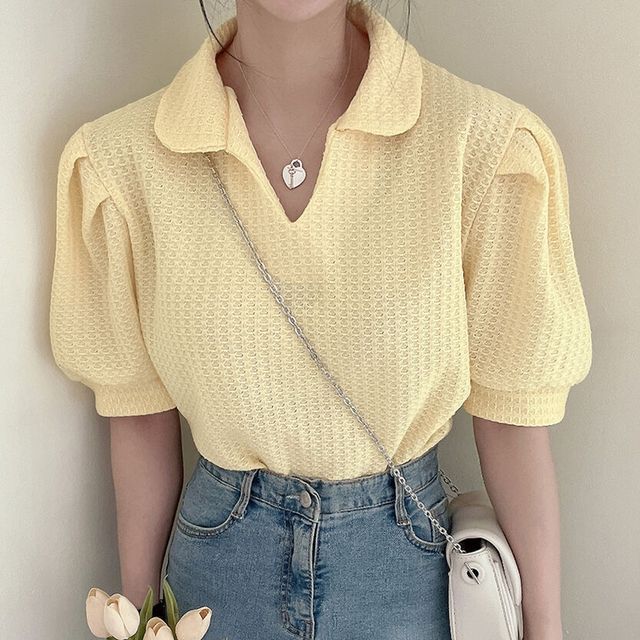 Coris-Short-Sleeve Collared Textured Top