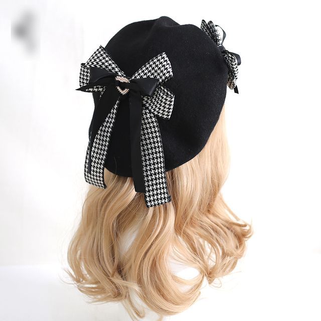 Houndstooth beret hat bow Beret Hat Bow, Black & White Houndstooth, Wool Beret Hat Bow  main image 3