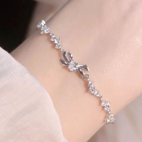 Jamfune - Bow Rhinestone Sterling Silver Bracelet | YesStyle