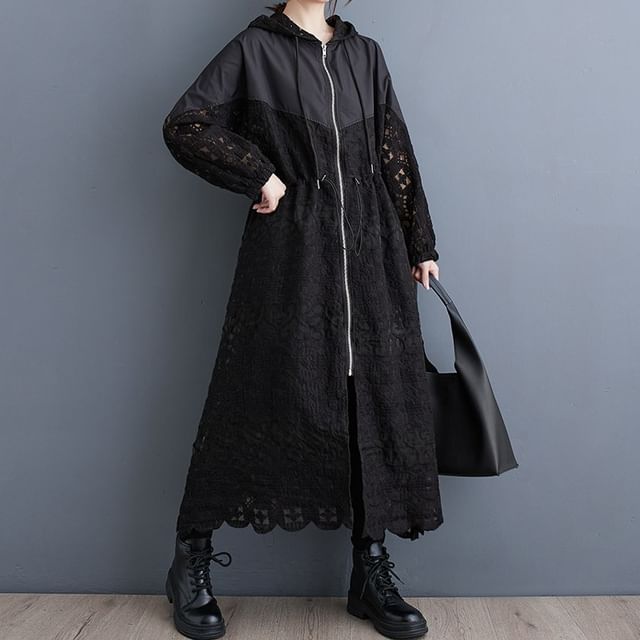 Lewwe-Hooded Paneled Zip Lace Jacket
