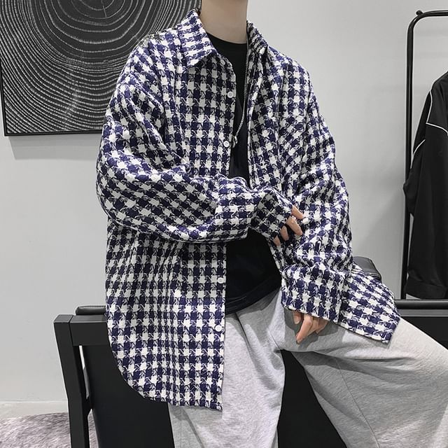 Phoneus-Long Sleeve Collared Houndstooth Button Down Oversized Shirt Jacket