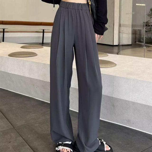 Dovitade-High Waist Plain Wide Leg Pants