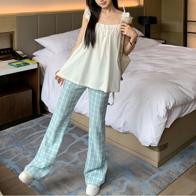 Closette-Plain Ruffle Trim Tank Top Plaid Bootcut Pants