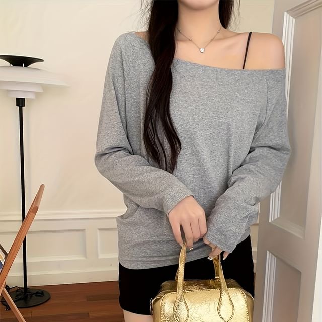Dovitade-Long-Sleeve Cold Shoulder Plain T-Shirt