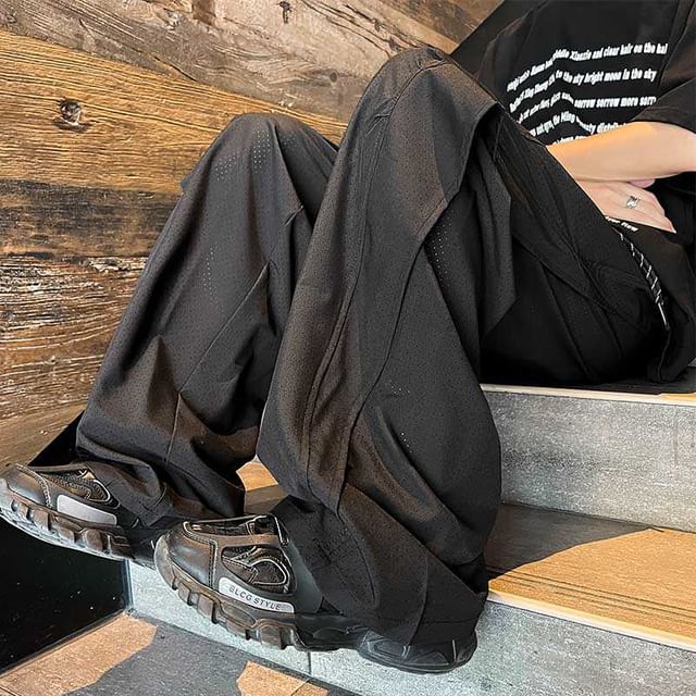 Fushet-Elastic Waist Plain Straight Leg Sweatpants