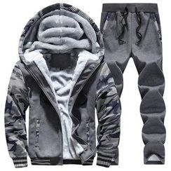 Carser - Set: Camo Panel Hooded Jacket + Drawstring Sweatpants