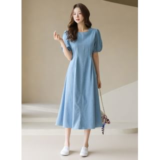Styleonme Puff-Sleeve Denim Long Swing Dress Sale
