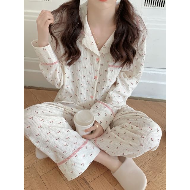 Tanee Pajama Set: Long-Sleeve Cherry Print Button-Up Shirt