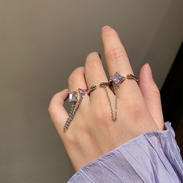 Hansha-Rhinestone Chained Alloy Open Ring Double Ring