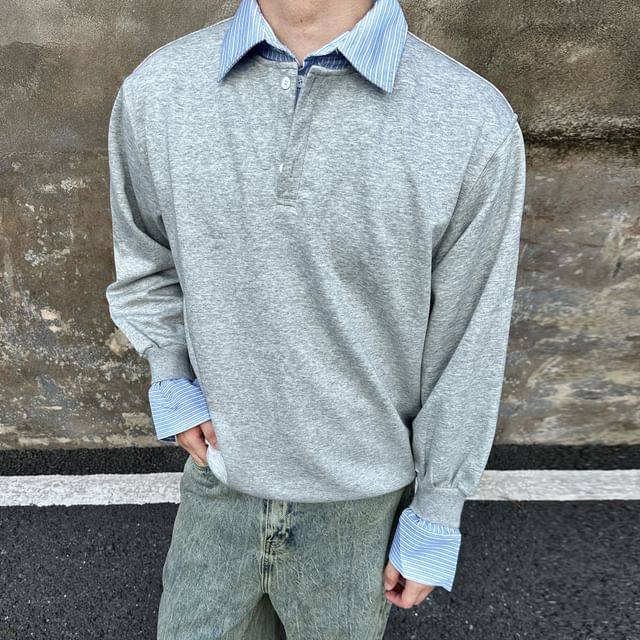 DragonRoad-Collared Striped Mock Two Piece Sweatshirt