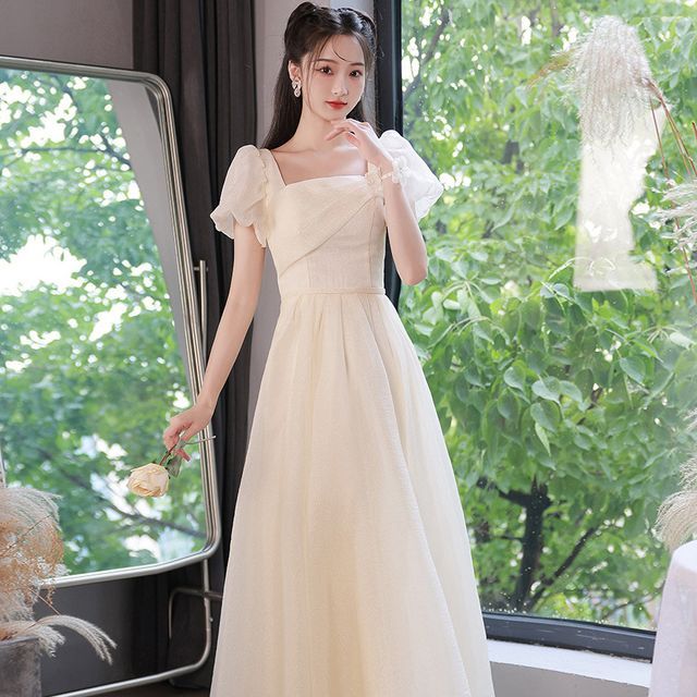 blue dress for baby girl A-Line Princess Square-Neck Satin Maxi Dress Bridesmaid Dresses Weddin –  Koutun Dress main image 1