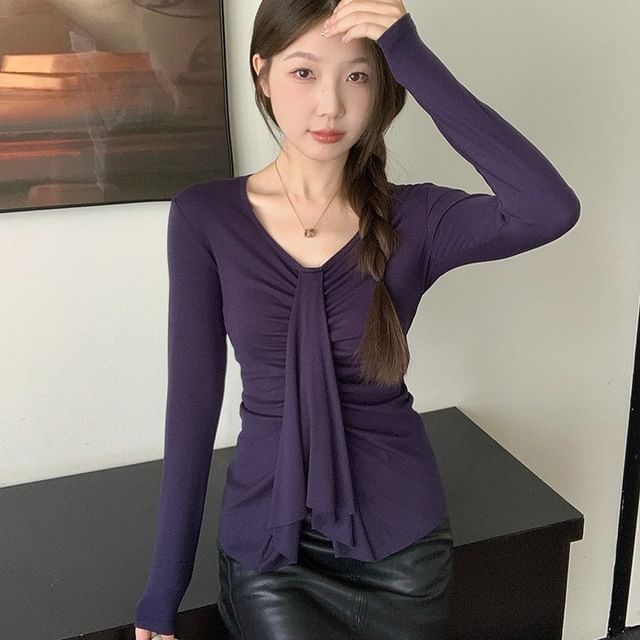 OGAWA-Long-Sleeve V-Neck Plain Shirred Ruffled Tee