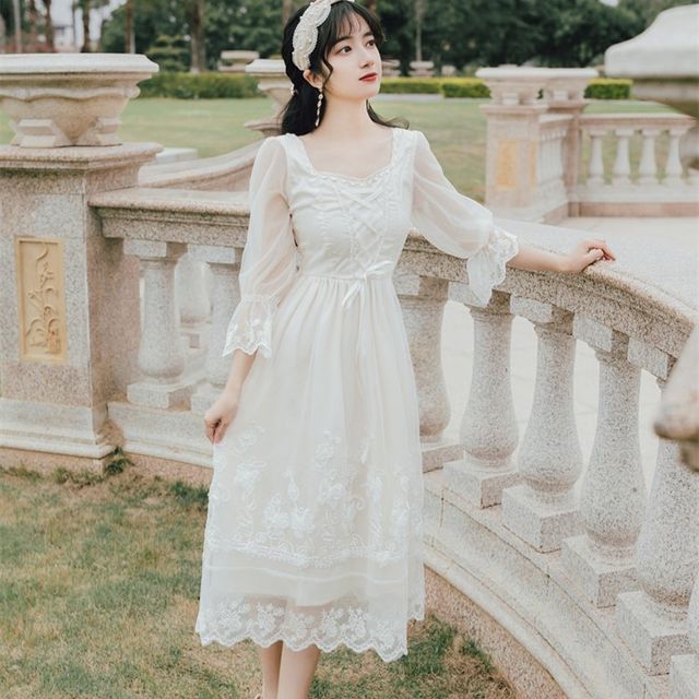 3/4-Sleeve Midi A-Line Lace Dress 3/4-Sleeve Midi A-Line Lace Dress