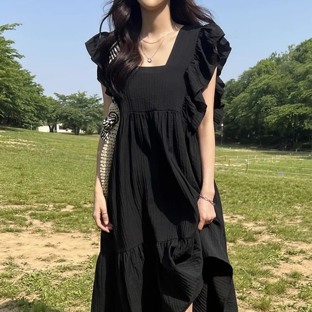 Coris-Cap-Sleeve Square Neck Plain Midi A-Line Dress