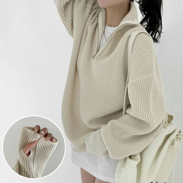 MIKIGA - Mock Neck Half Zip Plain Sweater | YesStyle