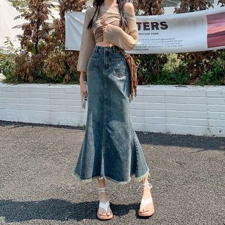 Denimot - High Waist Washed Fray Midi Mermaid Denim Skirt