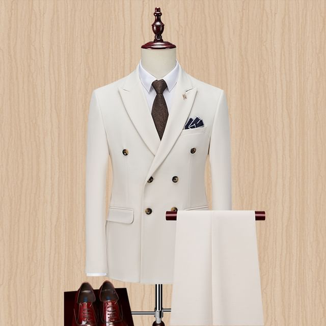 Sheck-Set Lapel Collar Plain Double Breasted Blazer Mid Rise Plain Dress Pants Collared Button Shirt
