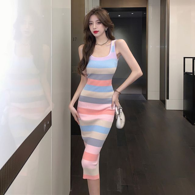 colorful striped bodycon dress Apricot Striped Ribbed Knit V Neck Bodycon Mini Dress
