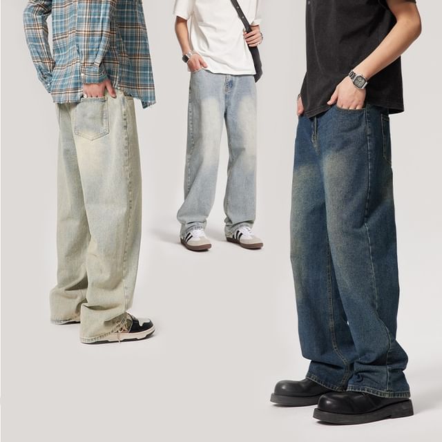 Double White-Mid Rise Washed Wide Leg Jeans