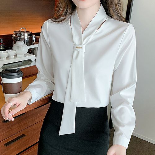 Long-Sleeve Tie Front Chiffon Blouse