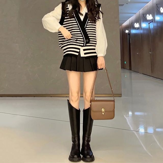 Saccharine Set Striped DoubleBreasted Sweater Vest + LongSleeve