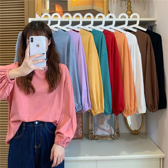Hevnir-Balloon Sleeve Round Neck Plain T-Shirt
