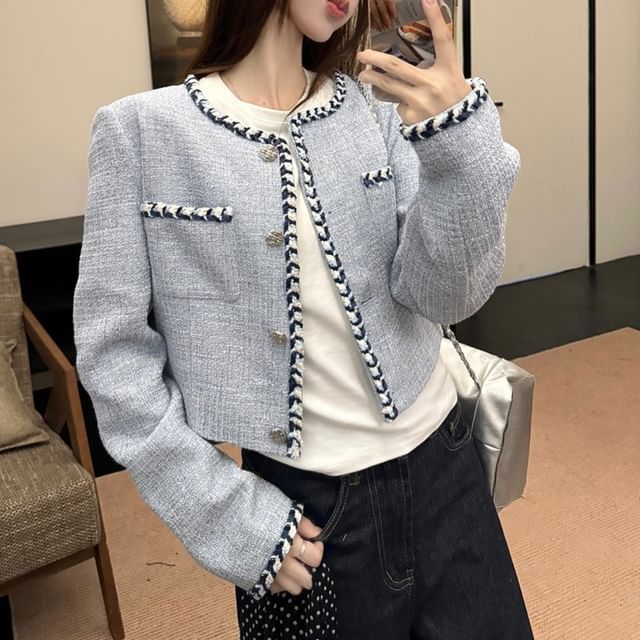 Beem-Round Neck Contrast Trim Tweed Crop Button Jacket
