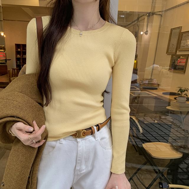 Asiris-Long-Sleeve Crew Neck Ribbed Knit Top