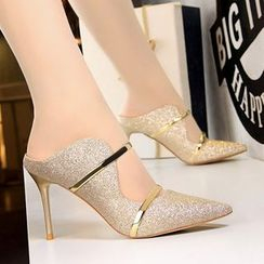 TREL - Sequined Pointed High Heel Mules