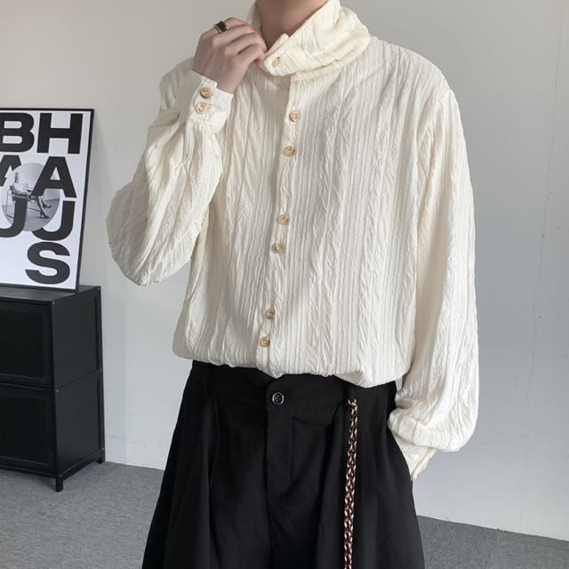 Omozando-Long-Sleeve Stand Collar Plain Shirt