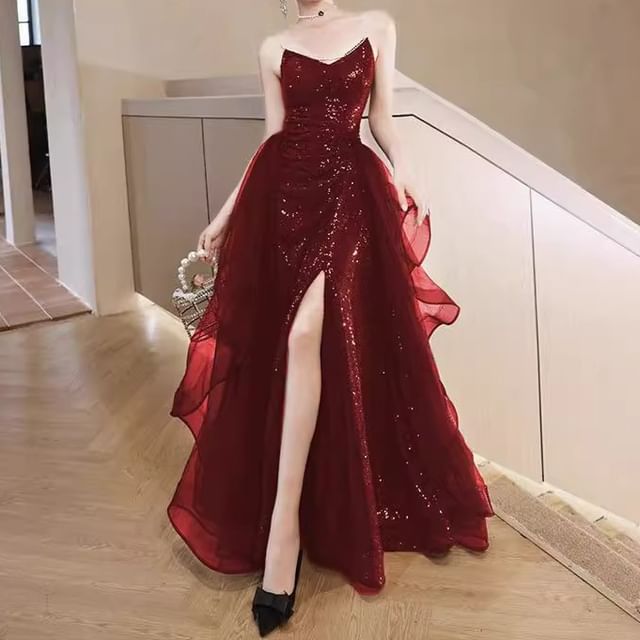 DreesHouse-Spaghetti Strap V-Neck Slit Hem Glitter A-Line Evening Gown