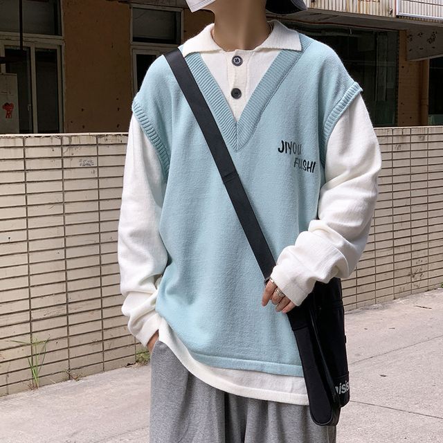 Whyessa-Inset Vest Polo Neck Sweater