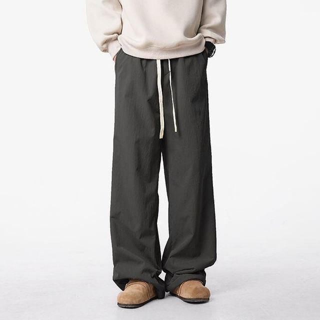Kimeya-Drawstring Waist Plain Wide Leg Pants